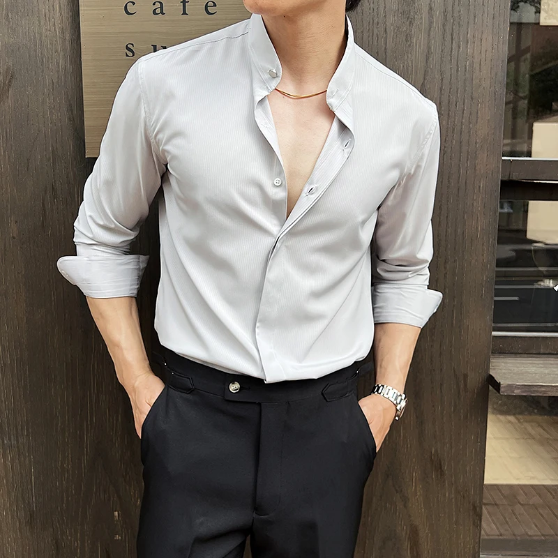 

Дышащая полосатая винтажная мужская рубашка с длинным рукавом, китайский воротник-стойка, эластичная мягкая рубашка, мужская светло-серая рубашка, лето 2024, крутая