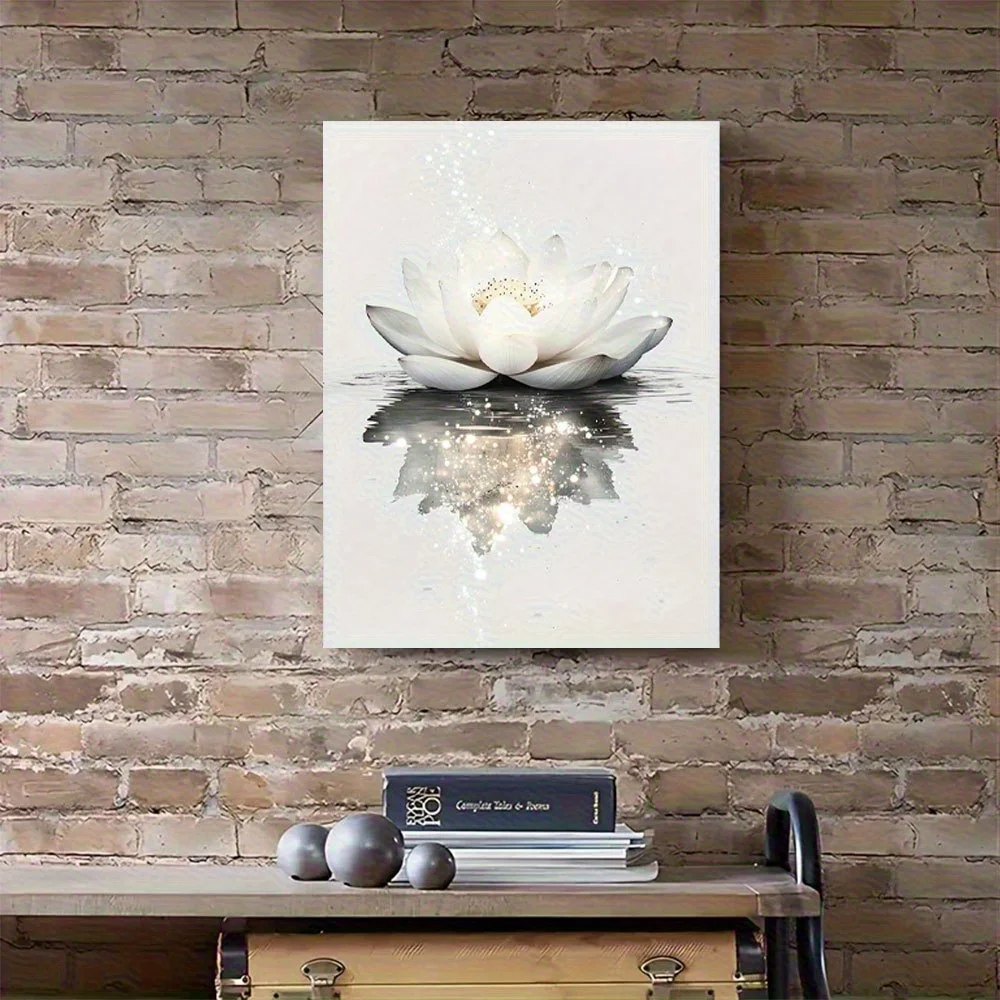 Lienzo moderno para pared con flor de loto, blanco elegante para pintura de loto con efecto de luces brillantes, marco de madera Natural, 1 ud.