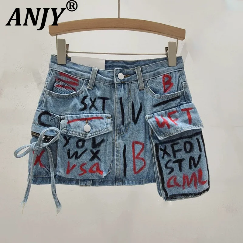 

ANJY Summer New Women's Streetwear Hip Hop Trendy Niche Design Safari Style Graffiti Multi-Pocket A-line Denim Mini Skirts A7717