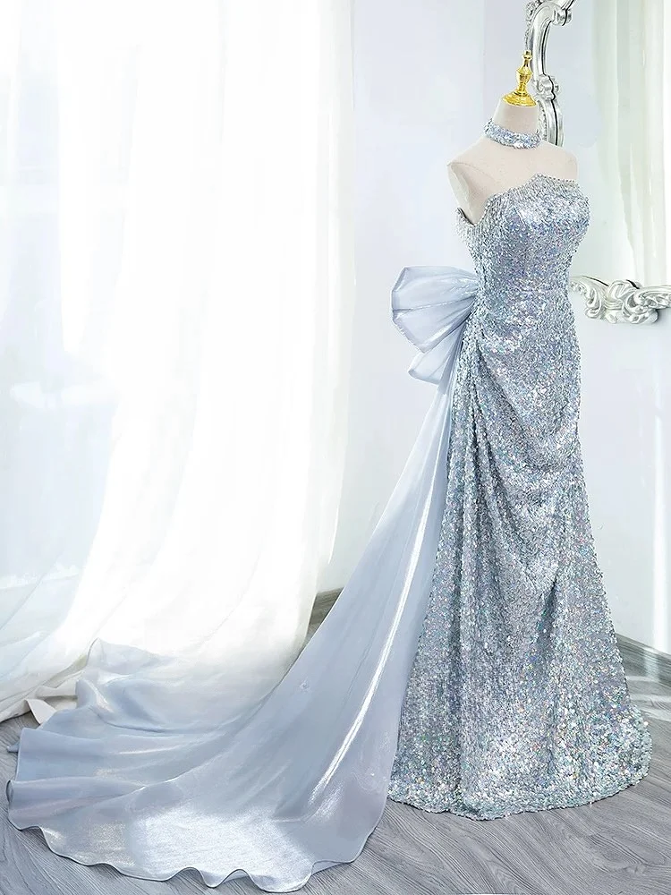 Luxury Elegant Evening Dress Strapless Exquisite Sequin Princess Party Niche Fashion Pleated Bow Shawl Design Long Prom Gown