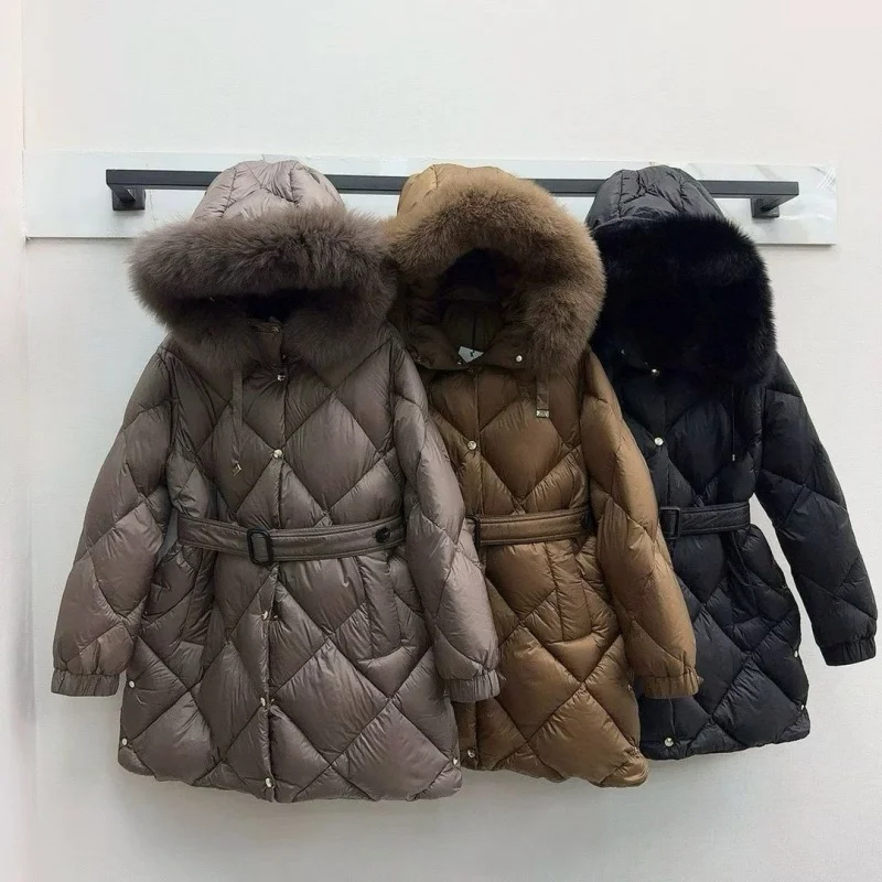 

High-Quality Winter Women's Puffer Jacket with Large Fur Collar Quilted Hooded Warm Fashion Casual Lightweight Belted down Coat