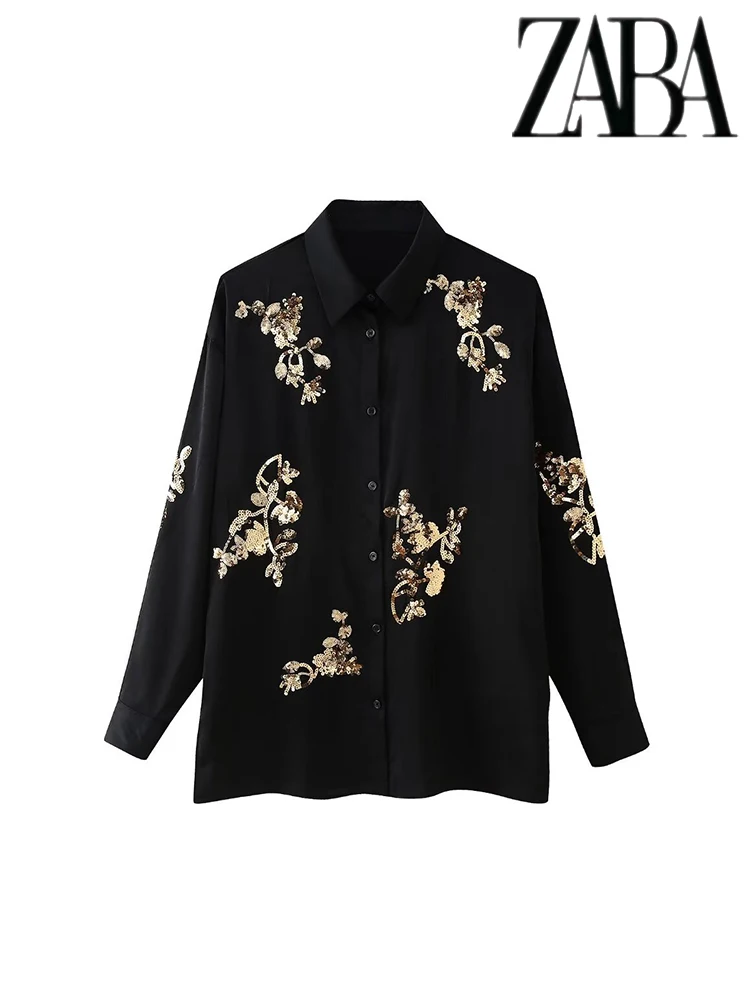 TRAF Women's Fashion Sequins Splicing Pattern Set Long Sleeve Lapel Single Button Shirt Temperament Elastic Waist Trousers Set