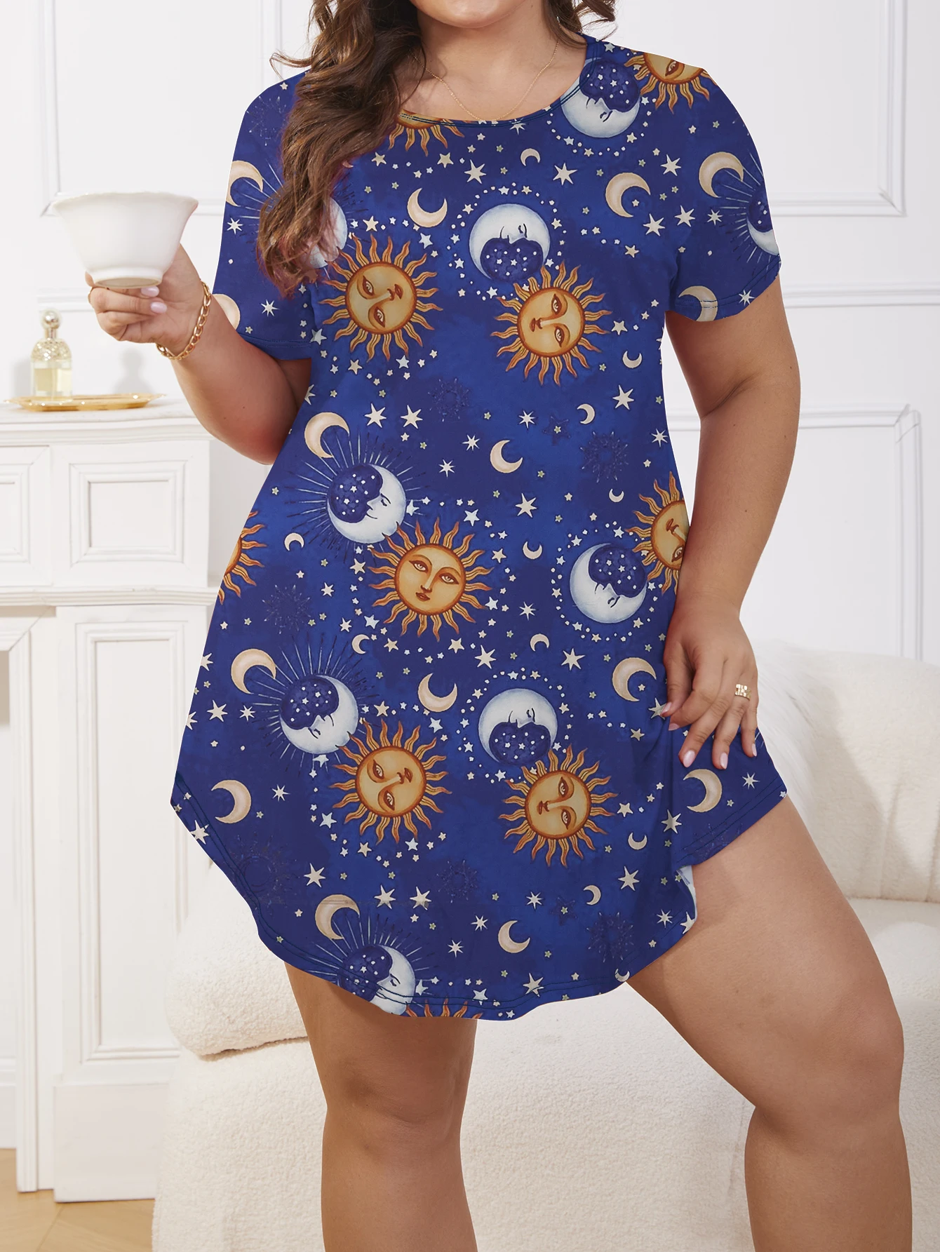 

Summer casual round neck sun printed short sleeved oversized pajamas pajamas and home clothing