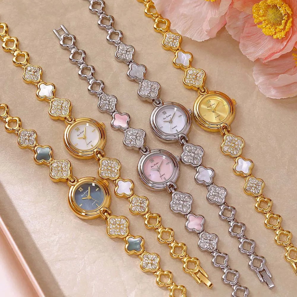 Luxury Women’s Quartz Watch Natural Shell Dial Four Leaf Clover Charm Elegant Gold Bracelet Wristwatch 2025 Fashion Lady Gifts