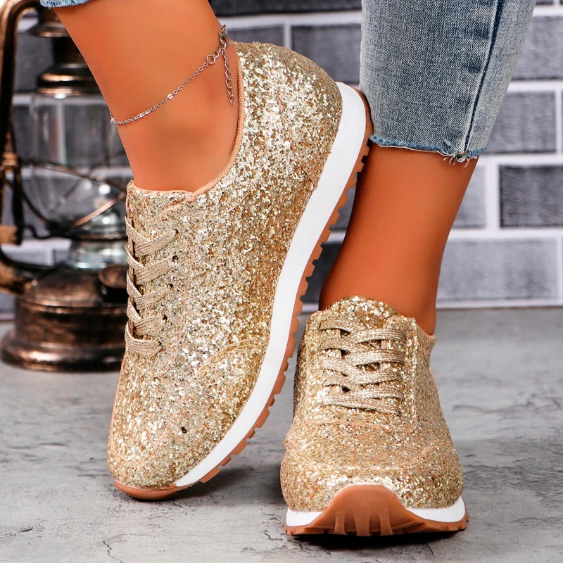 Womens Spring New Bling Sequin Designer Fashion Round Toe Vulcanized ShoesOutdoor Comfortable Thick Sole Non-slip Women's Shoes