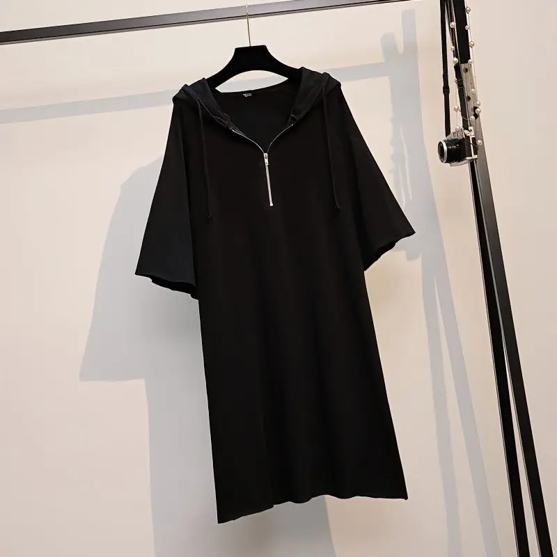 

Summer New Zipper Patchwork T Shirt Dress Short Sleeve Hooded Solid Simplicity Casual Dresses Fashion Vintage Women Clothing