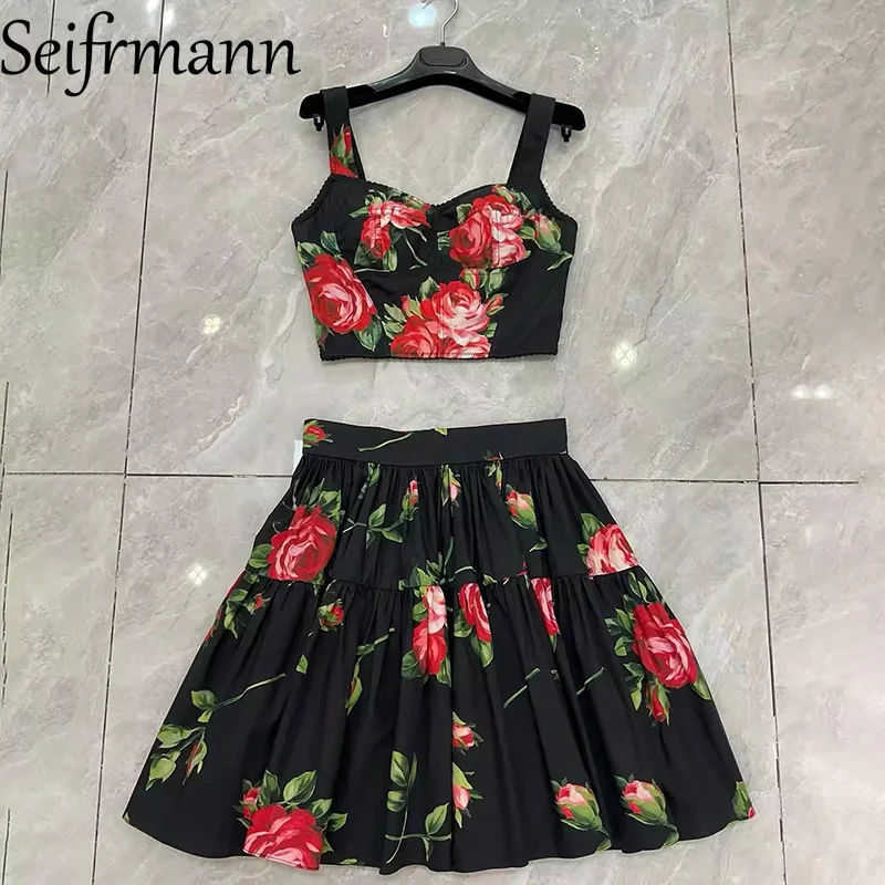 Seifrmann 2026 Spring Women's New Fashionable and Elegant Printed Cotton Strap Top+Half Skirt Two Piece Set image 2