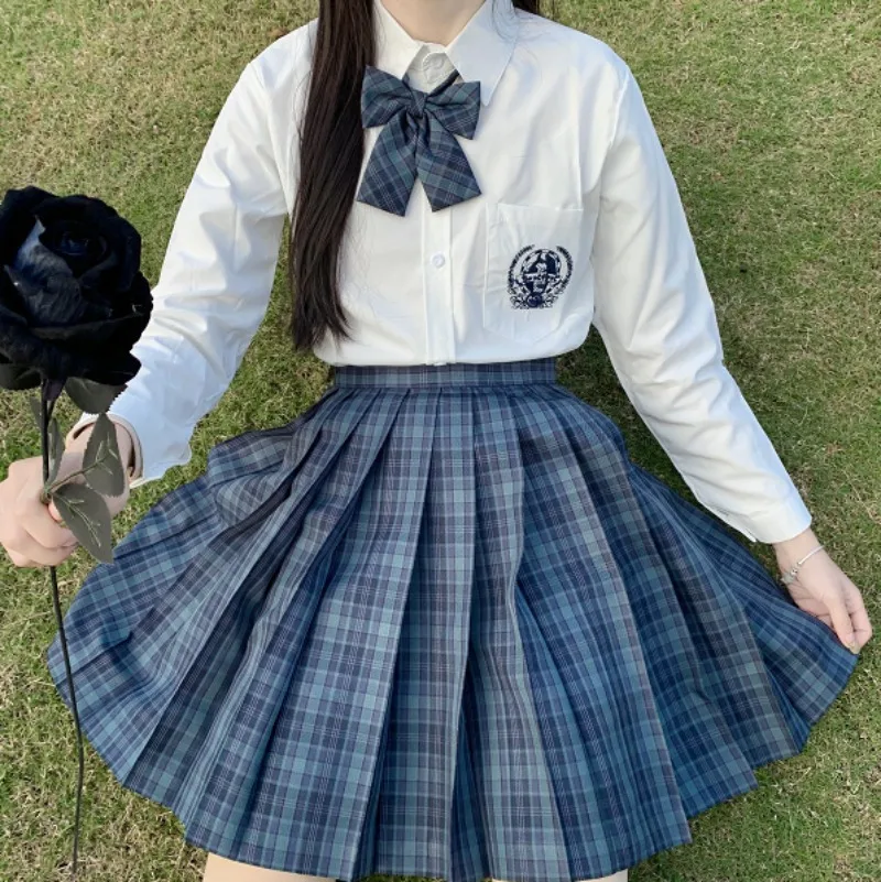 

Seaweed Plaid JK School Uniform, High Waist A-Line Pleated Skirt,Japanese Orthodox Outfit for Graduation Photo&School Daily Wear