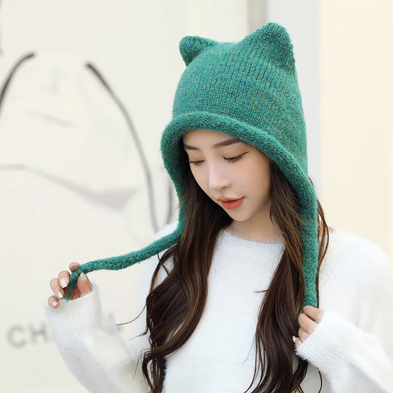 Pure Color Cat Ears Pigtail Knitting Cap Winter Outdoor Warm Cute Wrap Head Wool Cap Cold Hat Wholesale