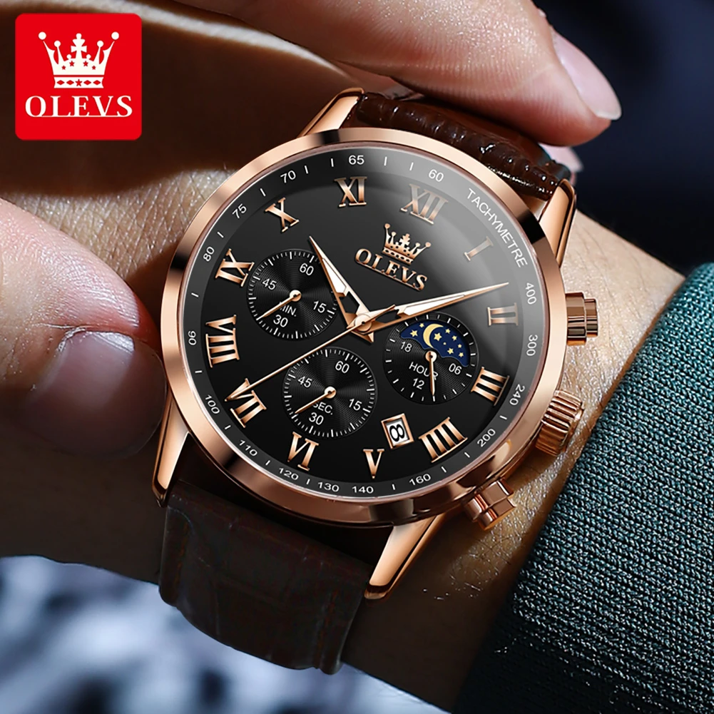 OLEVS 5529 Sport Quartz Watch Gift Genuine Leather Watchband Round-dial Wristwatch Moon Phase Chronograph Calendar Luminous