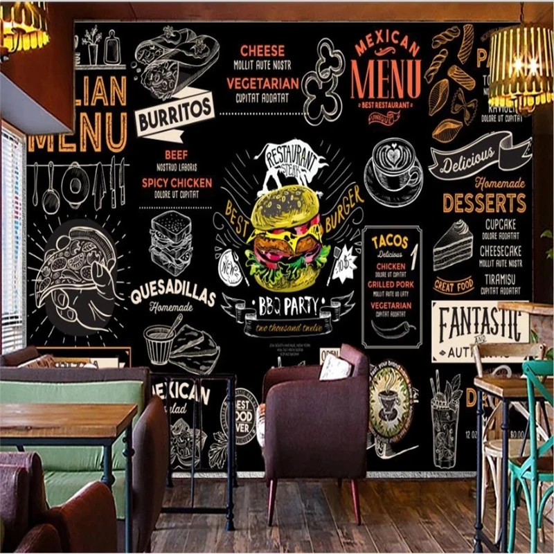 Customized products European American Burger Italian Pizza Western Fast Food Restaurant Wallpaper Mural Snack Bar blackboard 3d