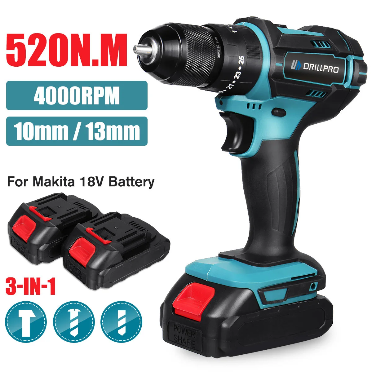 

3 IN 1 520N.M 13mm 10mm Chuck Torque Electric Drill Flat Hammer Impact Drilling Electric Screwdriver for Makita 18V Battery