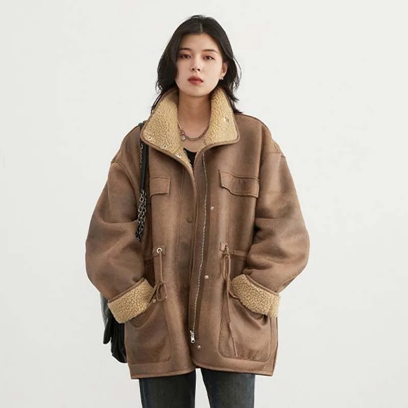 Winter New Women's Suede Reversible Jacket Reversible Thicken Warm Motorcycle Coat Fashion Couple Loose Lambswool Jacket Trend