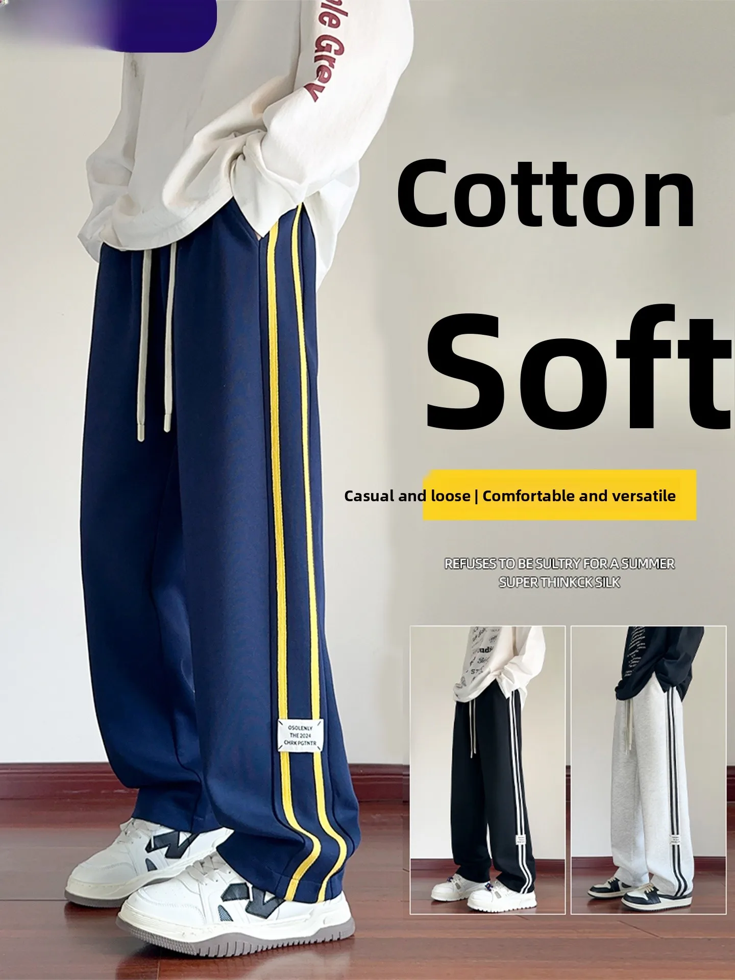 

Wassup Erika American Stripe Men's Long Casual Pants Summer Straight Drape Spor Loose Fit Breathable Cotton Blend Trousers