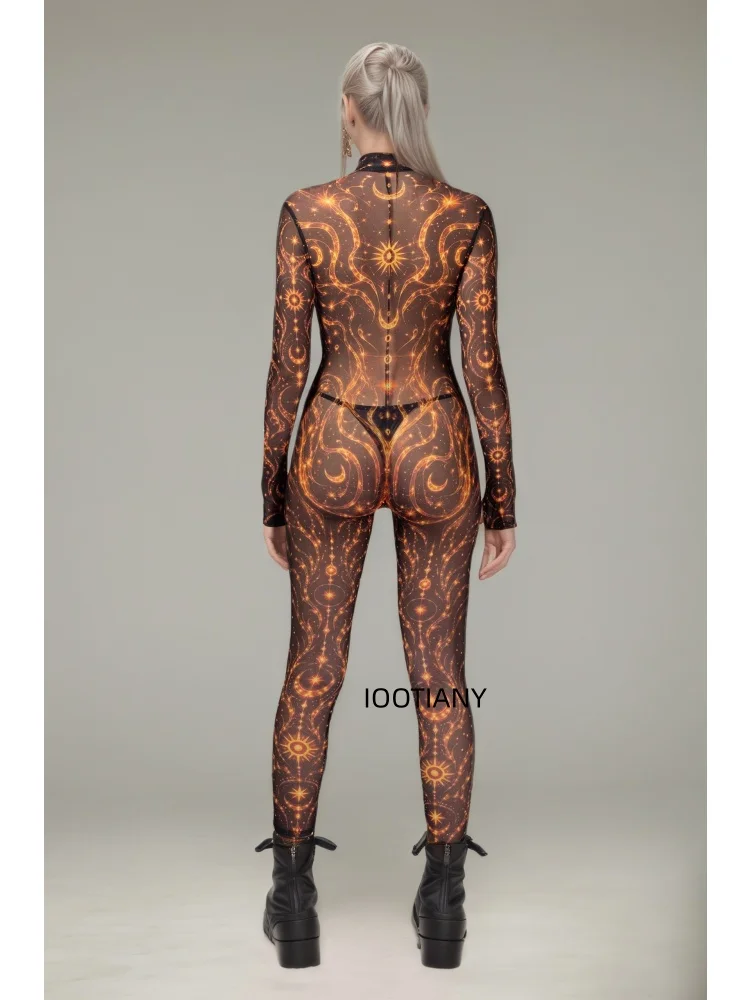 Luxuriöser Goldener Spiralblumen-Galaxie-Print Mesh-Bodysuit für Damen Sexy Cosplay Catsuit Rave Club Nachtclub Festival Mode-Jumpsuit – Detail 19