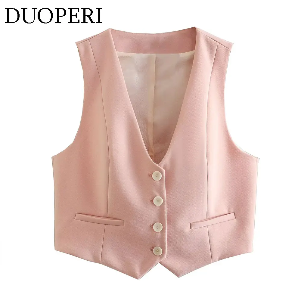 DUOPERI Women Fashion Two Pieces Sets Pink Tank Vest and Straight Trousers Female Chic Office Lady Basic Waistcoat and Pant Coor