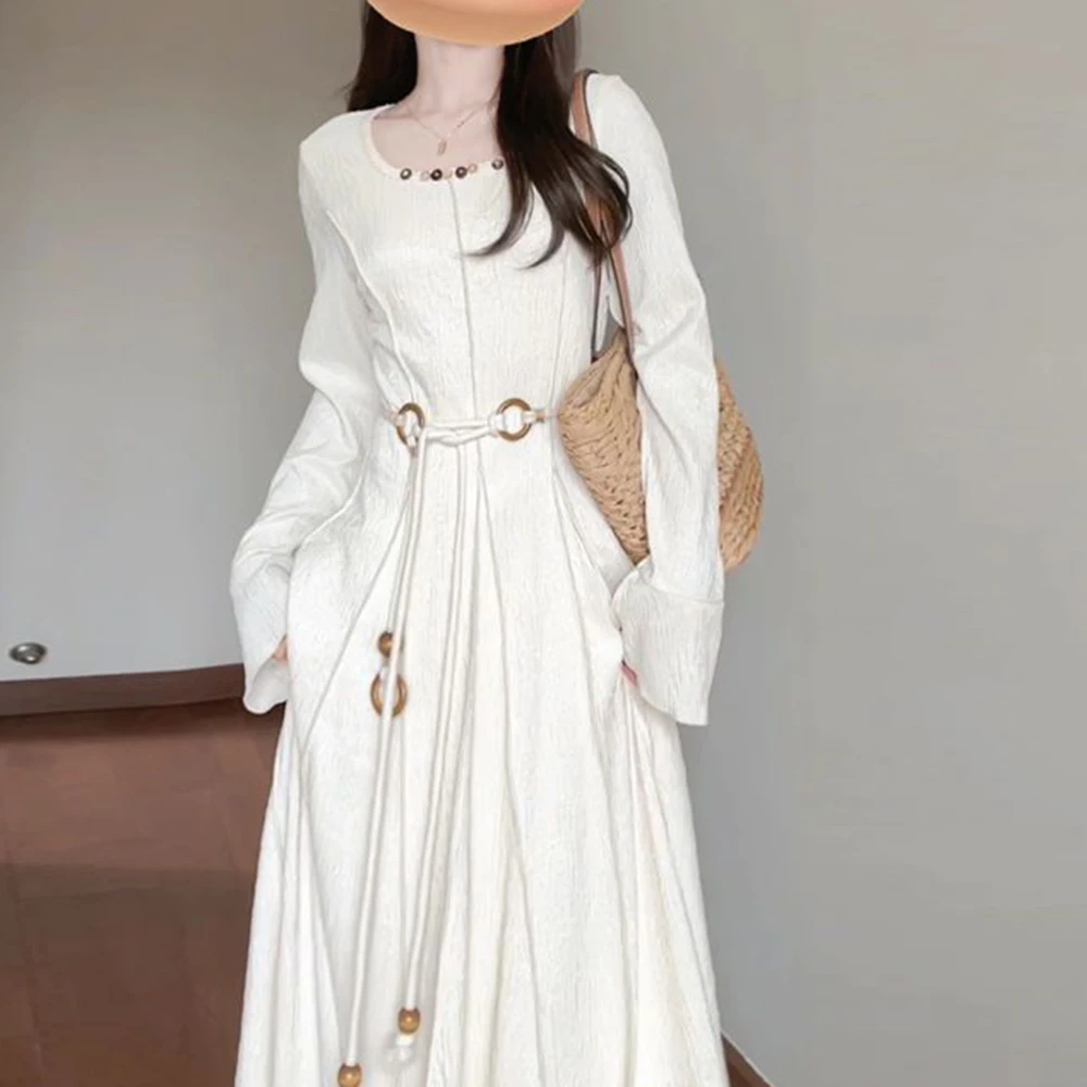 

French square collar long-sleeved dress women's spring and autumn waist horn long-sleeved texture long ethnic style fairy dress