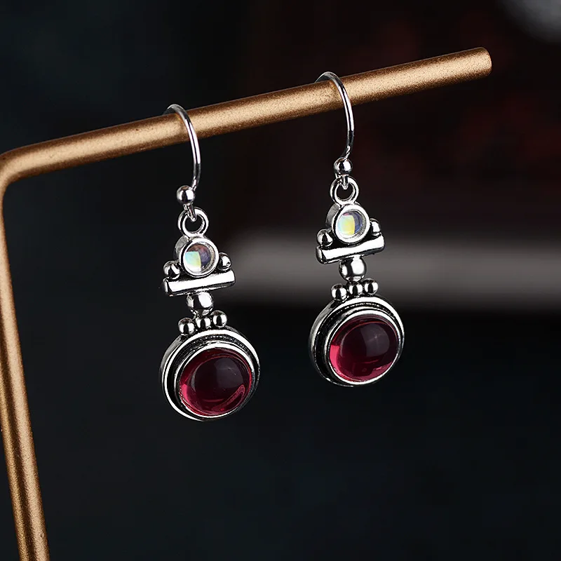 Euro-American fashion imitation Thai silver cat's eye drop earrings, new moonstone red agate earrings for women