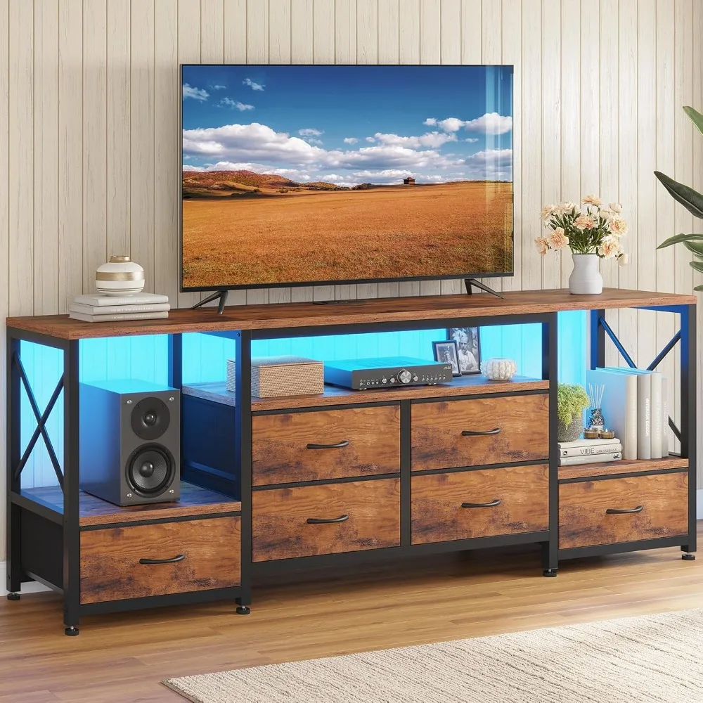 

Entertainment Center with LED Light & Power Outlets, 63" Industrial TV Console Table with 6 Fabric Drawers & Open Shelves