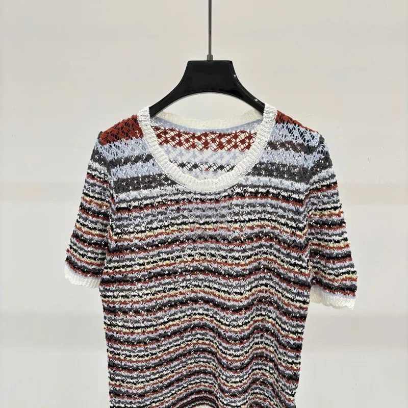 Vintage Loose Knit Tee, Round Neck Lace Trim Striped Colorblock Cutout