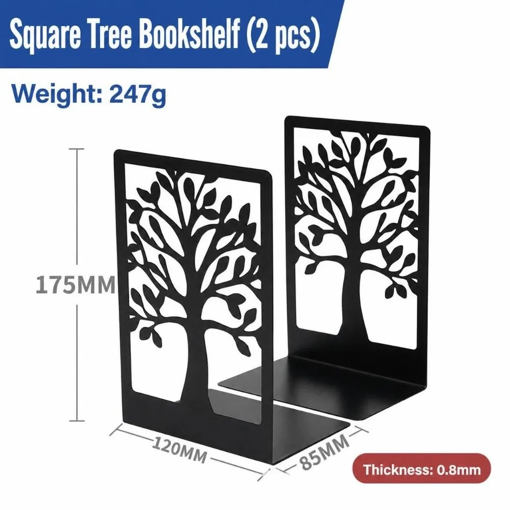 2Pcs Portable Metal Metal Bookends Hollow Tree Pattern Non Slip Book Stopper T-Shape Non-slip Book Holder Gift