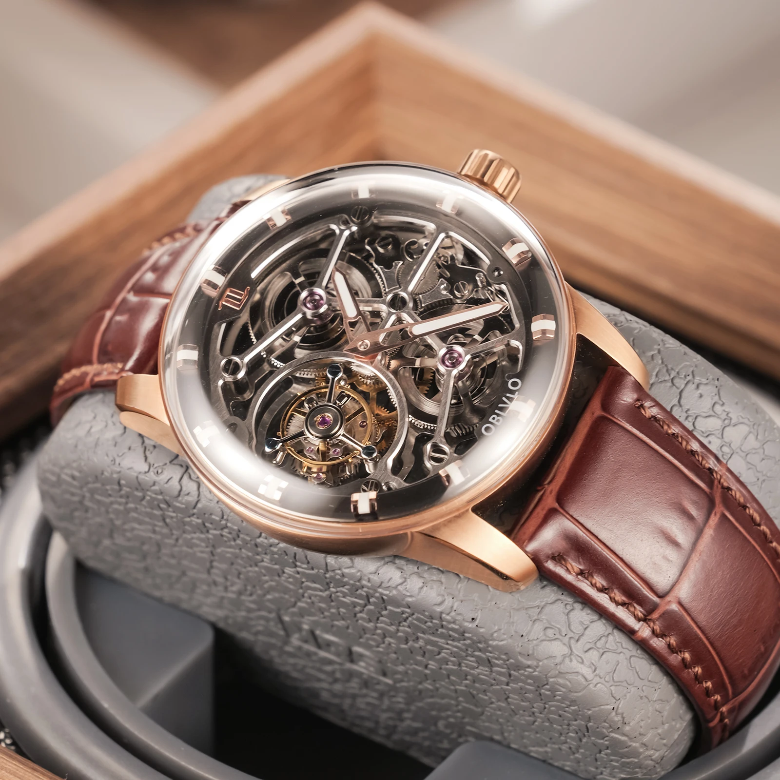 OBLVLO Men Mechanical Watches Genuine Leather Rose Gold Case Skeleton Dial Tourbillon Transparent Manual-Wind Watches IM-SK-TB