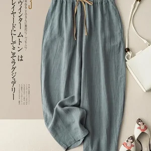 Sommer Retro -Baumwollwäsche Lose Harem Elastic Hosen Schnur Taille Freizeithose Vielseitigkeit Basis Beinhosen 6 Hauptverkäufe Frauenhose des Schlaganfalls - №4