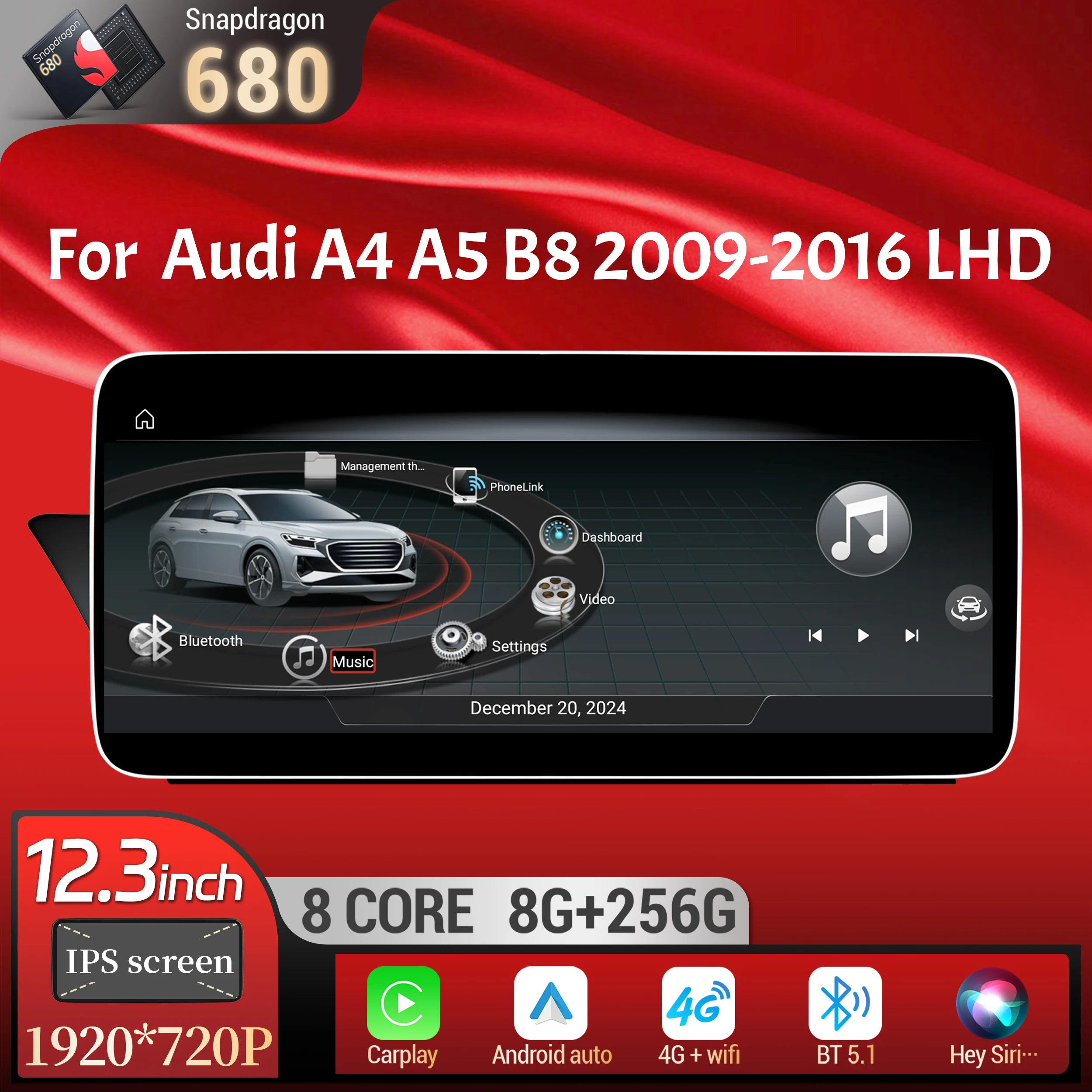 

12.3 inch For Audi A4 A5 B8 2009-2016 Left Hand Drive Android 14 Car Radio BT Carplay Qualcomm Snapdragon 680 Head Unit Screen