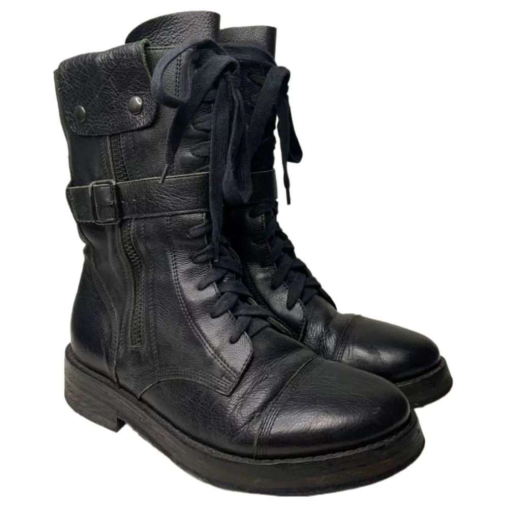 

Fashion Genuine Leather Men's Motorcycle Boots Belt Buckle Strap Zipper Short Knight Boots Mid-calf Western Cowboy Boots