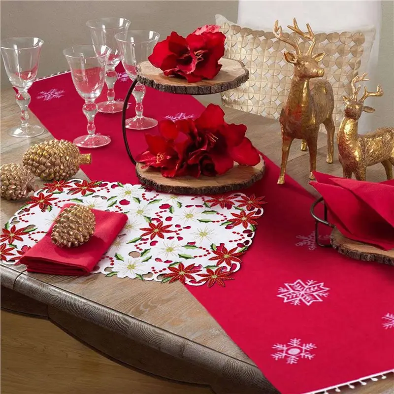 A58Z Placemats Set Of 12 Embroidered Christmas Poinsettia & Holly Design, 11X17 Inch Christmas Table Decor
