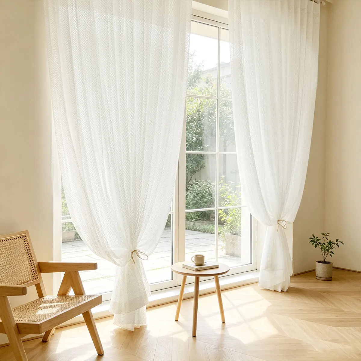 White Herringbone Lace Sheer Curtains Set of 2 Hollow Out Textured Voile Korean Hook Window Drape For Bedroom Living Room