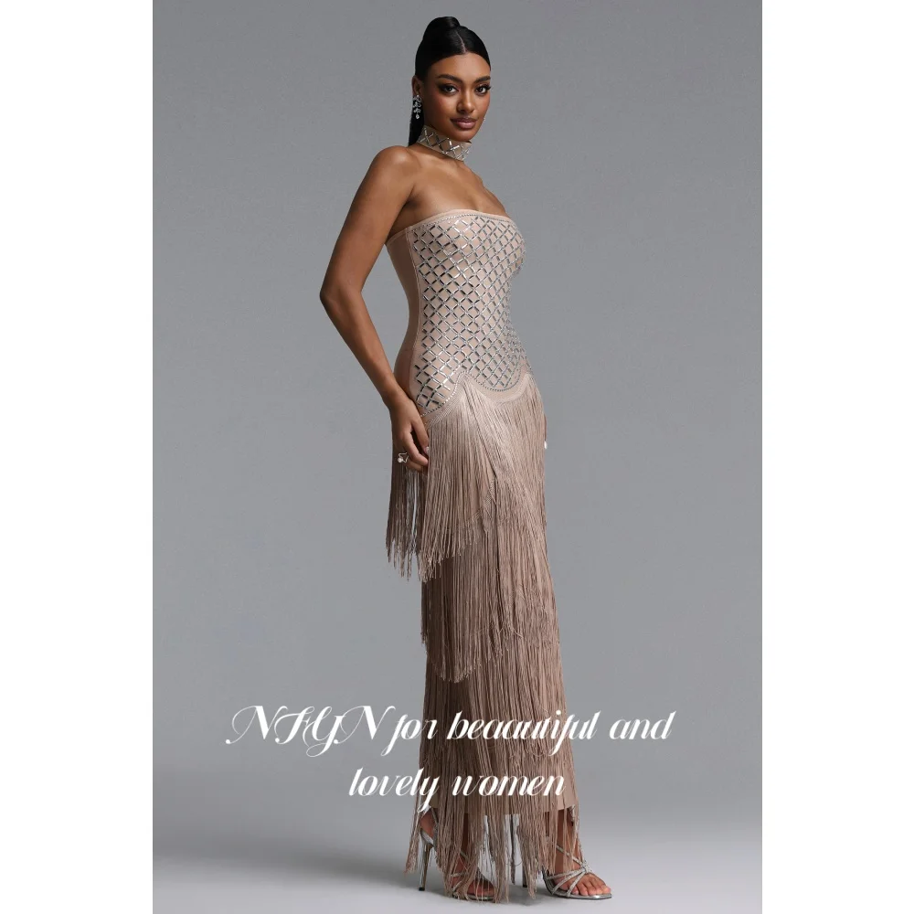 NFYN Nude Beige Prom Dress Silver Rhinestone Beaded Evening Dress With Multi-Layer Tassel Elegant Cocktail Party Gown Customized view 3