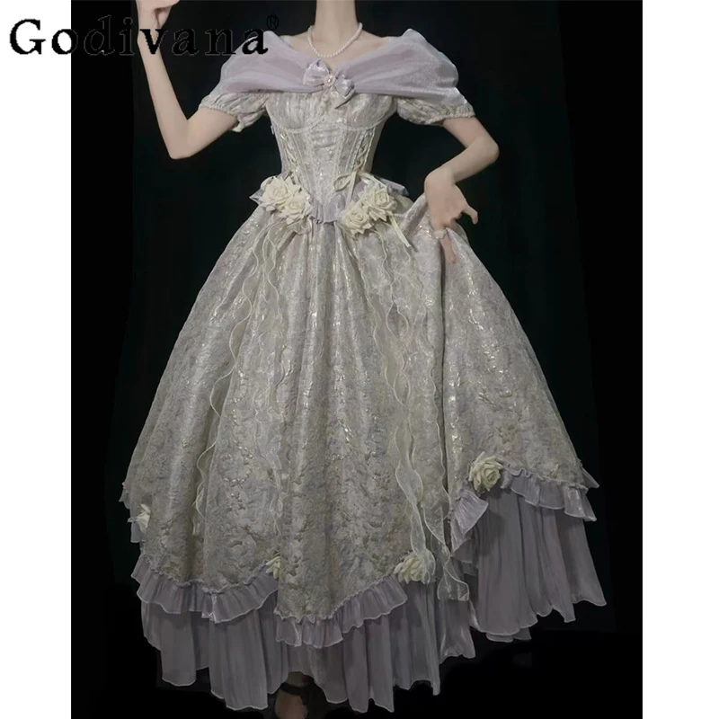 

Elegant Sweet Lolita Princess Evening Dress Party Slash Neck High Waist Three-dimensional Flower Bow Fairy Suspender Dresses