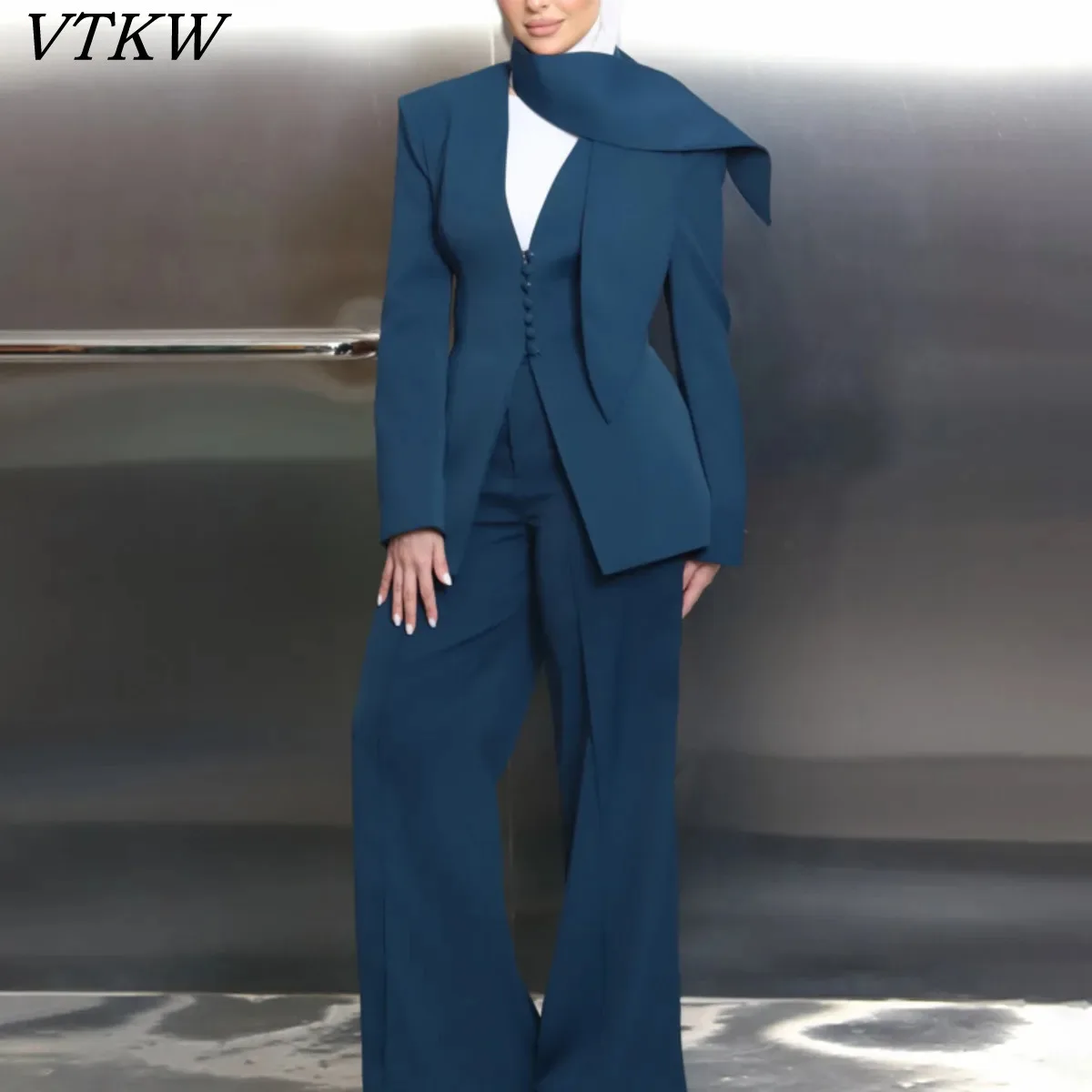 

VTKW 2026 New Women Modest Blazer Two Piece Set Scarf Collar Long Sleeve Slim Fit Wide Leg Pants Teal Elegant Office Outfit
