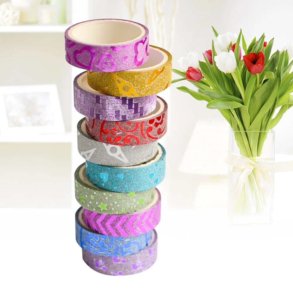 10Pcs Flashy Decorative Tape Set Colorful Patterned DIY Masking for Craft Projects Scrapbook Calendar Organizer Glitter Tape