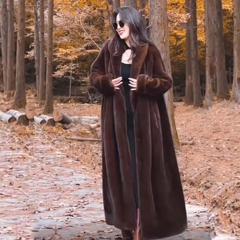 

Winter Long Styles Warm Fluffy Overcoat Vintage Dark Brown Environmentally Friendly Mink Fur Coat Elegant Loose Women Clothing