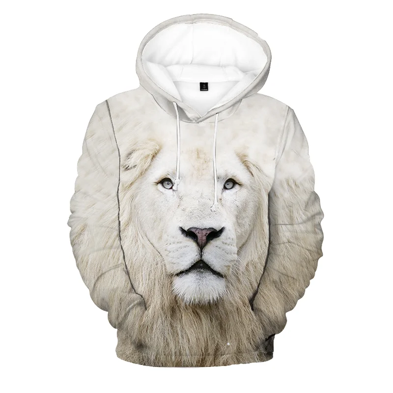 Unisex white hoodie 3D lion print men's sweater casual spring and autumn hooded coat loose fitting women's sportswear clothes