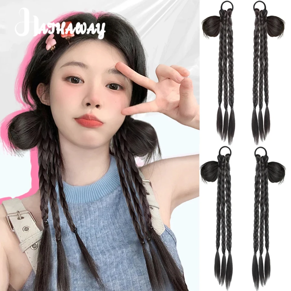 22 Inch Ponytail New Chinese Bow Ball Head Female Y2K Millennium Spice Girl Twist Synthetic Long Braid Double Ponytail Braid