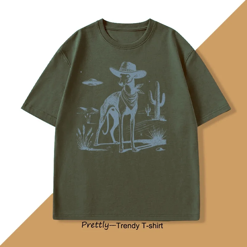 Vintage UFO Western T-Shirt Cotton Retro Short Sleeve Tshirt Cowboy Wild West Dog Mom T Shirt Casual Round Neck Loose Tees Top