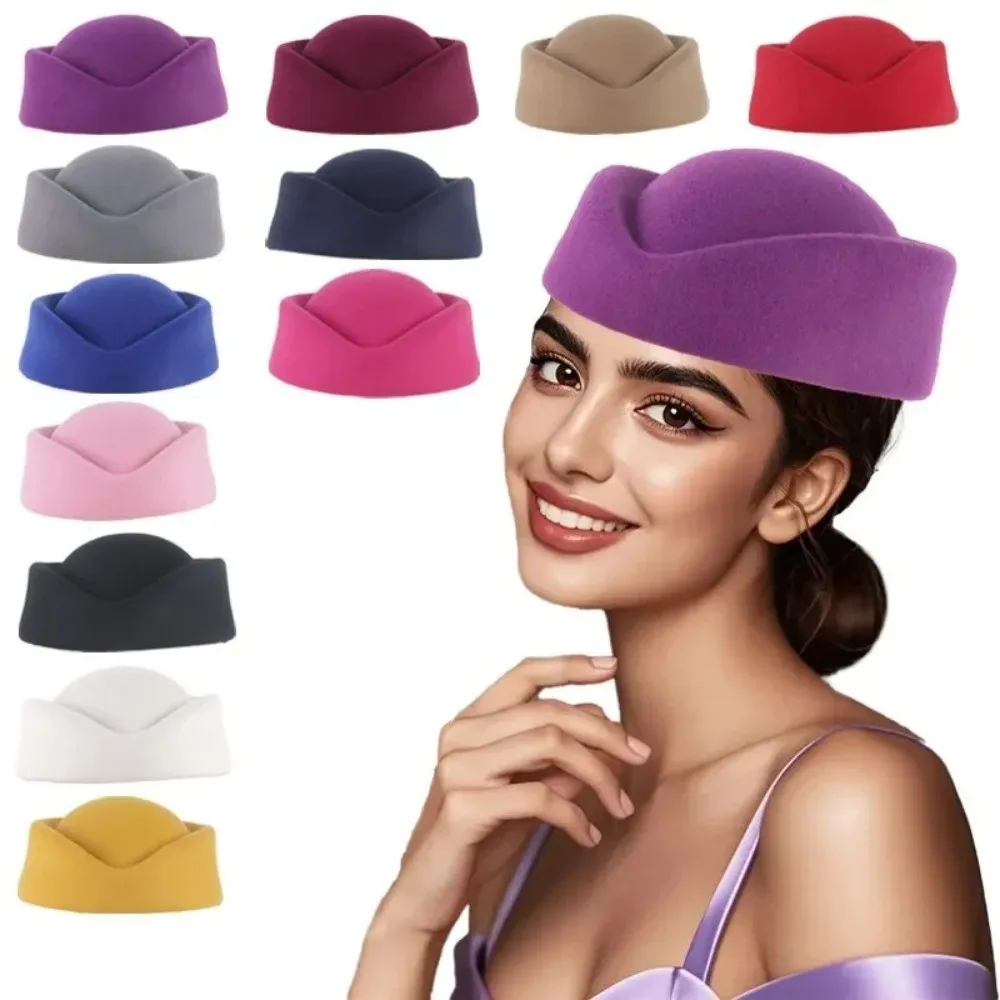 Versatile British Retro Top Hats Solid Formal Felt Beret Concave Top Flight Attendant Hat for Party