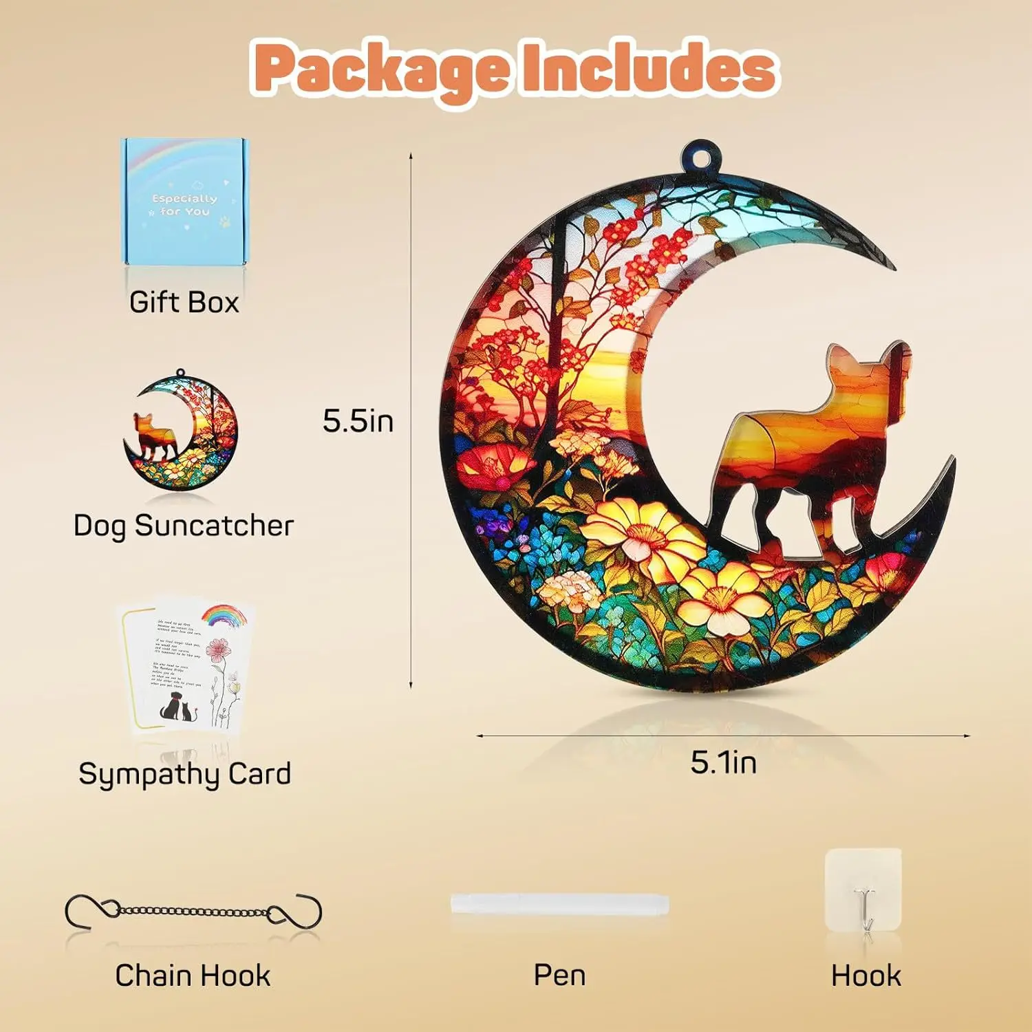 DIY Dog Memorial Suncatcher with Sympathy Card Gift Colorful Moon Black Cat Elf Pendant Sun Catcher Window Wall Hanging Decor