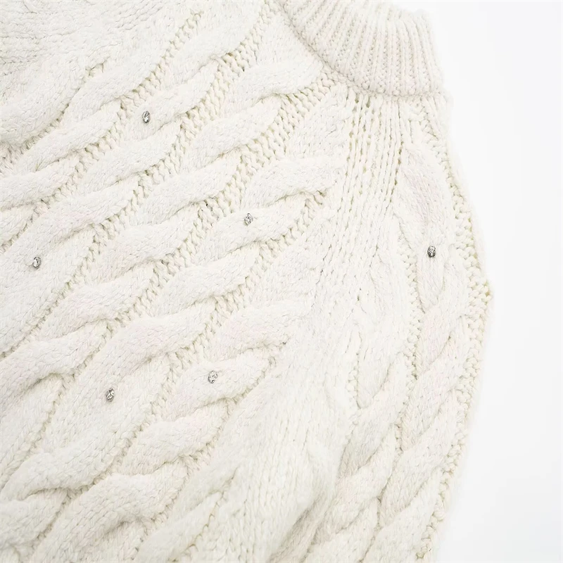 سترة نسائية بيضاء متماسكة مع زخارف من حجر الراين، سترة محبوكة برقبة وهمية وأكمام طويلة، بلوزة شتوية دافئة أنيقة #4