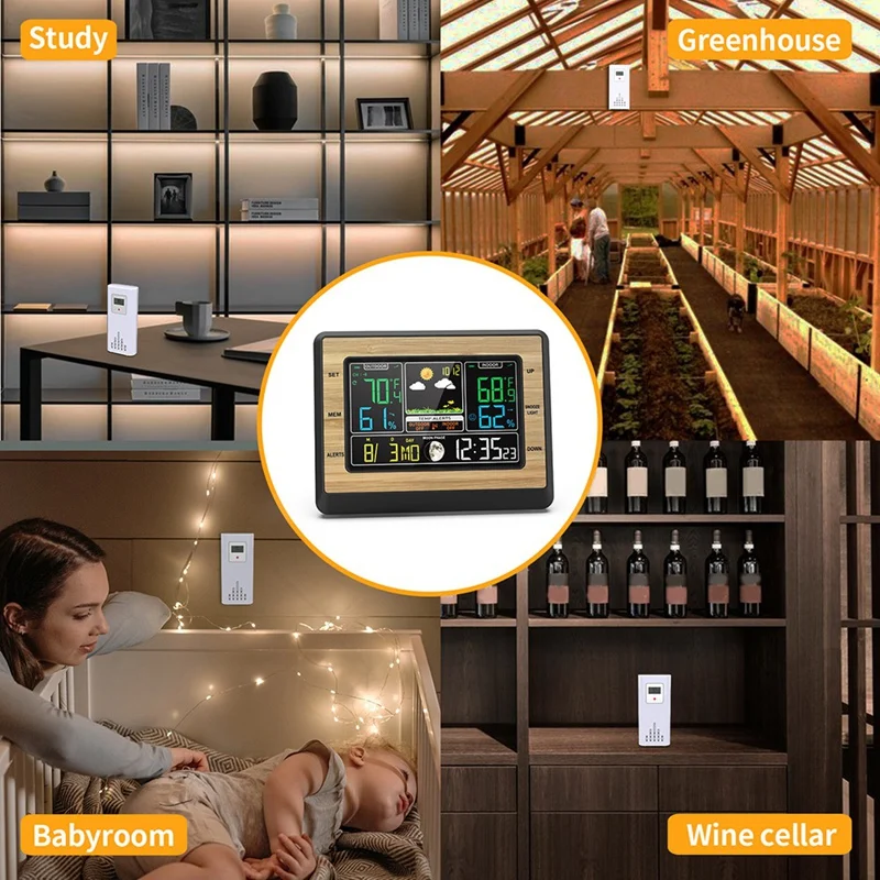 สถานีอากาศไร้สายหน้าจอสี 6 นิ้วเครื่องวัดความชื้นอุณหภูมิแบบดิจิตอลสถานีพยากรณ์อากาศพร้อมเซนเซอร์