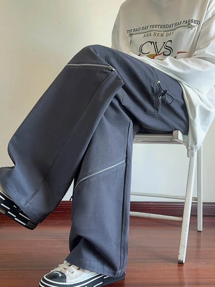 

American High Street Men's Loose Straight Leg Pants Spring Autumn Trendy Brand Casual Trousers with Zipper And Slits