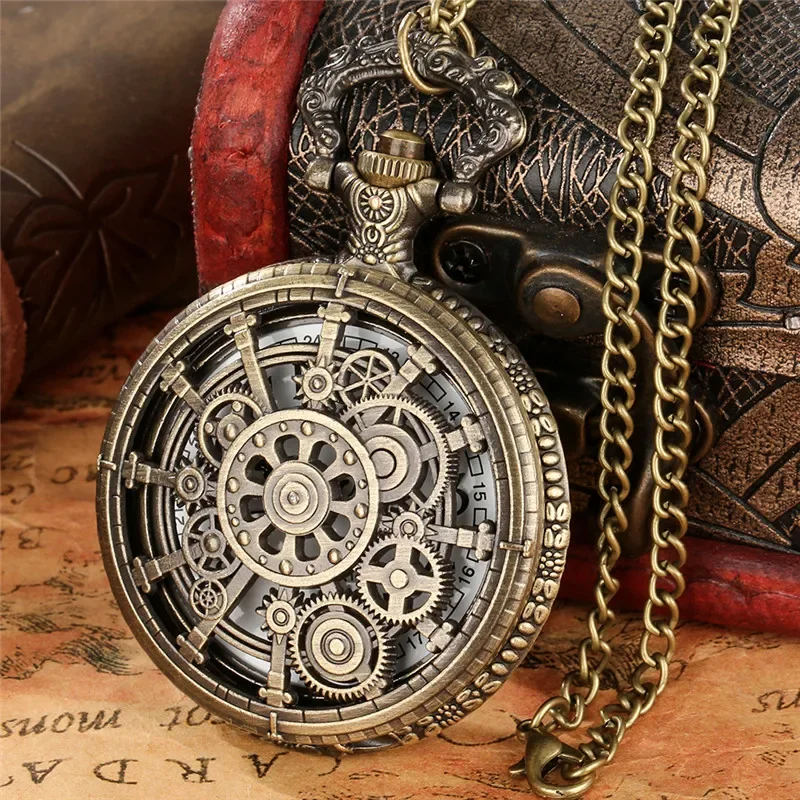 Old Fashion Pocket Watch Hollow-Out Gear Cover Arabic Number Display Quartz Movement Watches with Sweater Necklace Chain Gift