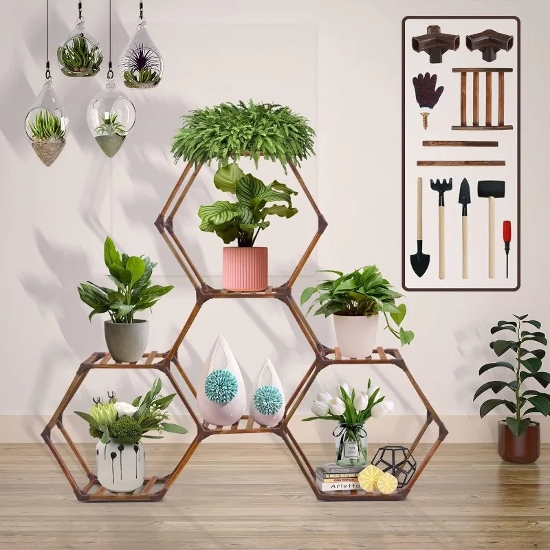 Hexagonal Plant Stand Indoor 7 Tiers Wood Plant Stands for Indoor Plants Multiple, Creative DIY Outdoor Plant Shelf,Large Potted