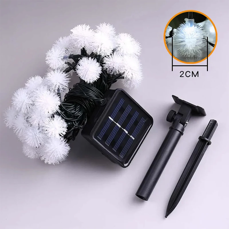 Christmas Snowball Light String LED Fairy Furry Ball Garland Lamp Solar Powered for New Year Wedding Holiday Home Party Decor