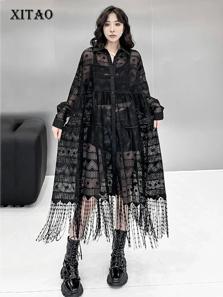 

XITAO Casual Hollow Out Lace Black Mid-calf Dress Hong Kong New A-line Full Sleeve Loose Tassel Spring Women Dress ZYY1117