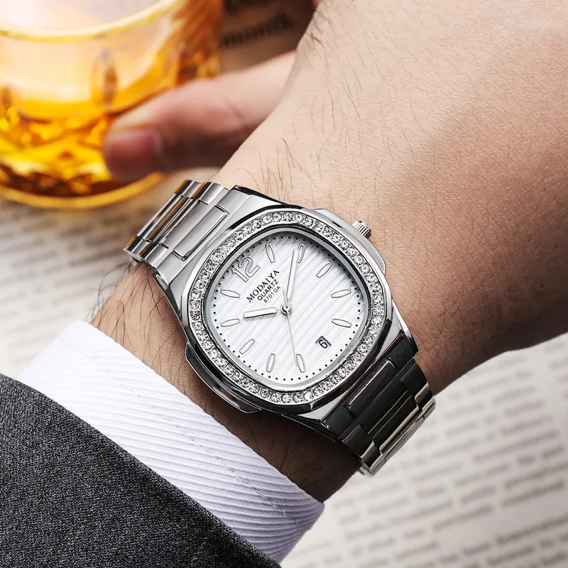 Fashion Luxury Business Square Quartz Watches Classic Stripe Design Dial with Stainless Steel Band Wristwatch for Men