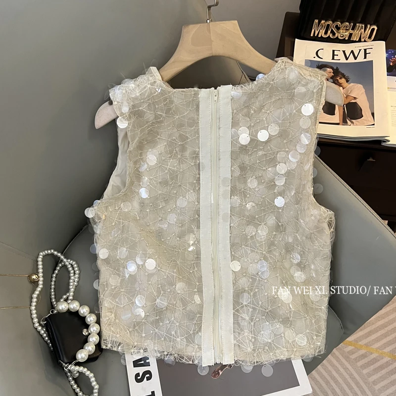 Imagem -06 - Summer Novidades Fashion Estilo Francese Elegante Slim Tank Top Heavy Paillettes Maglia Corta Girocollo Gilet Top Corto Senza Maniche da Donna Asa2023